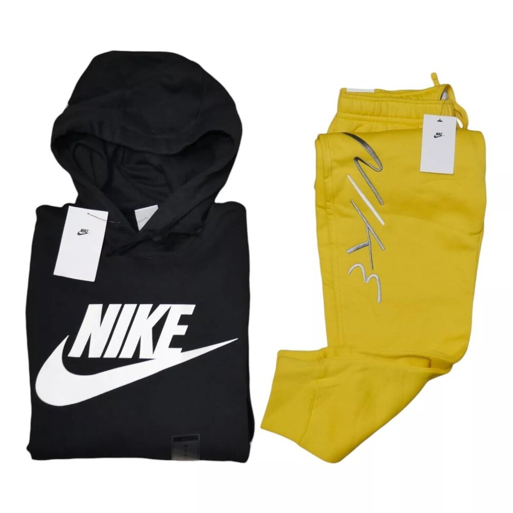 Nike NSW Club Fleece 2 PC Sweatsuit Men's Tracksuit Black Yellow Gift Set NWT